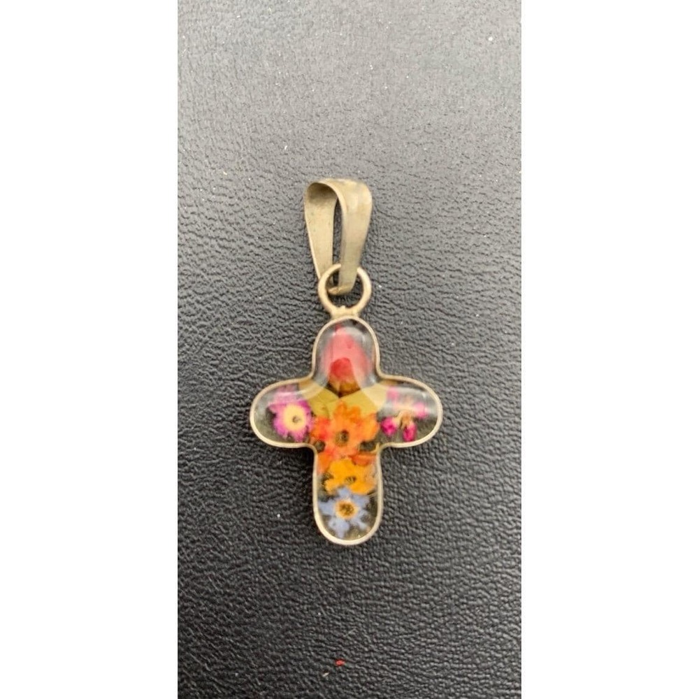 Vintage Alpaca Silver Tone Colorful Dried Flowers Lucite / Resin Cross Pendant
